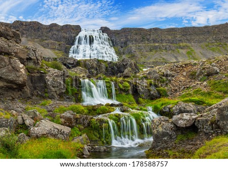 Dynjandi is the most famous and beautiful waterfall of the West Fjords in Iceland. Panorama