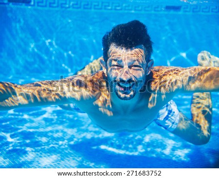 Man underwater in the pool, underwater photo