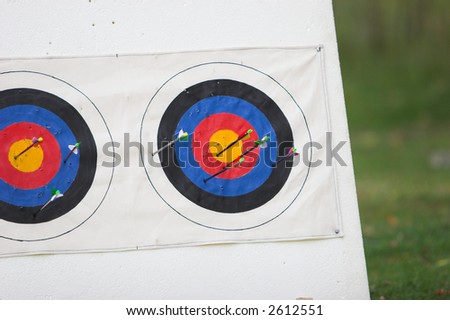 Archery targets with arrows portruding, vivid colours