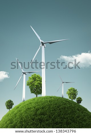 Wind Turbines on green fields and shiny blue skies -  Green Energy Concept - Illustration