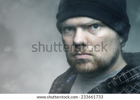 portrait of man in a snow storm