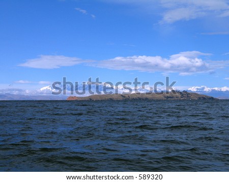 Island of the Moon as seen from Island of the Sun, lake Titicaca, Andes, Bolivia and Peru border