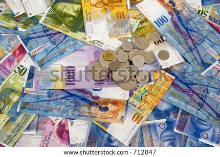Swiss currency bank notes and coins (Swiss Franks).