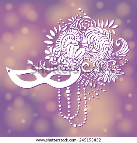 Carnival elements in white. Mask, feathers, beads, flowers. Purple with gold blurred background