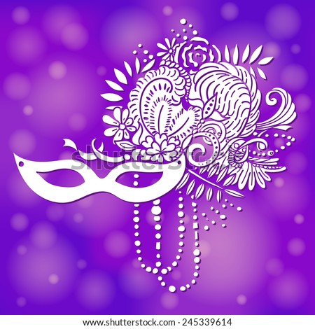 Carnival elements in white. Mask, feathers, beads, flowers. Purple shimmering background