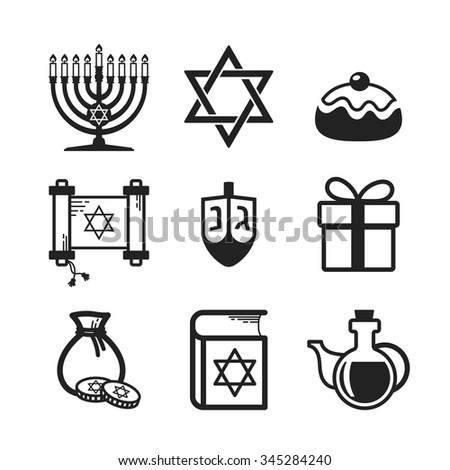 Jewish Holiday Hanukkah icons set, black and white linear elements