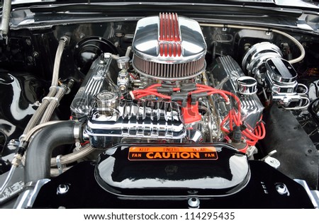 WINDER, GEORGIA, USA - SEPT 29: Customized car engine displayed at classic auto show. The event occurred on September 29, 2012 in Winder, Georgia.