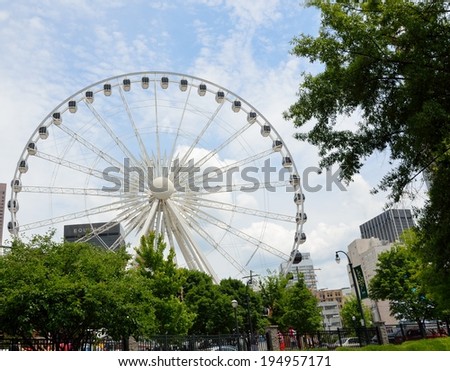 ATLANTA - MAY 25: Skyview Ferris Wheel May 25, 2014 in Atlanta, Georgia. The 200 ft tall ferris wheel showing rider\'s view of downtown Atlanta and Centennial Olympic Park.