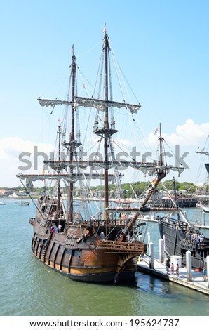 ST. AUGUSTINE, FLORIDA - May 23 2014: El Galeon arrived on January 5, 2014 and is moored at the St. Augustine Municipal Marina. Galleon vessels traveled on the coast of Florida at the 16th century.