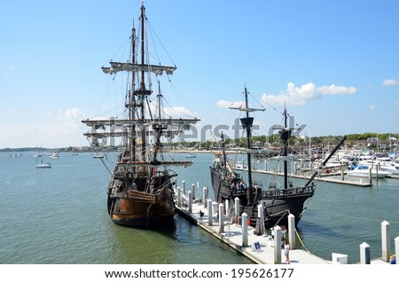 ST. AUGUSTINE, FLORIDA - May 23 2014: El Galeon arrived on January 5, 2014 and is moored at the St. Augustine Municipal Marina. Galleon vessels traveled on the coast of Florida at the 16th century.