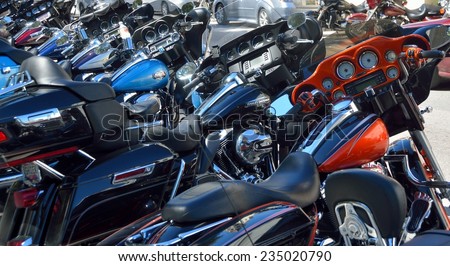 ST. AUGUSTINE, FLORIDA, USA - OCT 17:  Motorcycles parked along Cathedral Place during Bikers Week. This event was at historic St. Augustine, Florida on October 17, 2014.