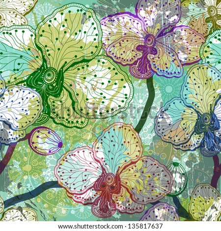 Vintage colorful seamless floral pattern with orchid Vector EPS 10 Vintage colorful seamless floral pattern with orchid Vector EPS 10