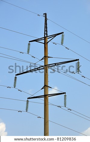 Electric wires connected to tall towers.