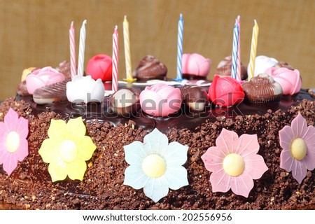 chocolate birthday bright cake closeup