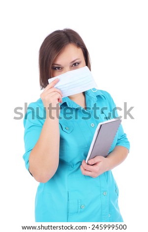 pretty young female doctor with the grey book and protective mask