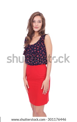 pretty young girl wearing red skirt and lips printed top