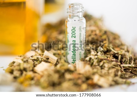 Close up of bottle with homeopathic remedies. Belladonna pills. Selective focus. Focus on phial.