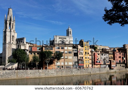 Colorful houses and apartments by the river Onyar in the historic city of Girona, Catalonia, Spain