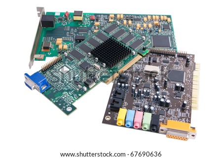 Three computer hardware components (internal modem, graphics card, audio card) displayed over a white background. Includes clipping path.