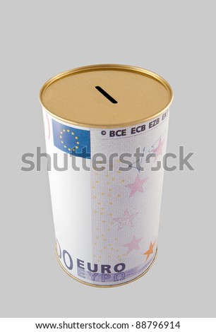 A typical coin bank depicting the symbols of an euro bank note on its cylindrical surface, isolated over a grey background. Includes clipping path.