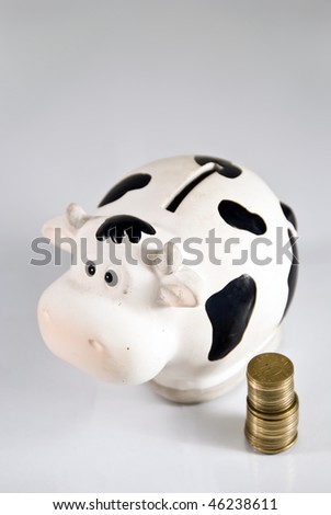 A cash cow/piggy bank, coins on the side, with copy-space