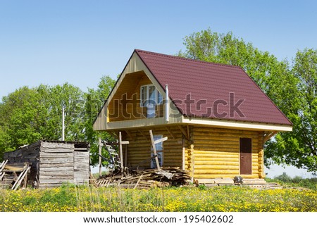 Wooden house in the meadow with dandelions. Russia