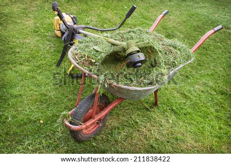 wheelbarrow with grass and petrol trimmer on the lawn