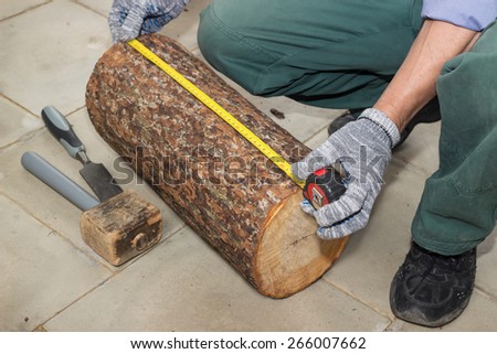 Master measures the length billet of logs on floor