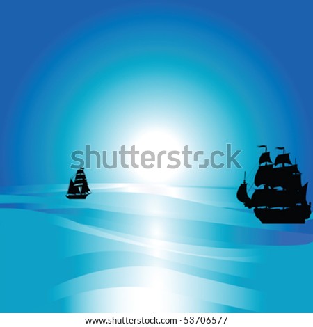 Ocean landscape with black silhouettes of sailing ship
