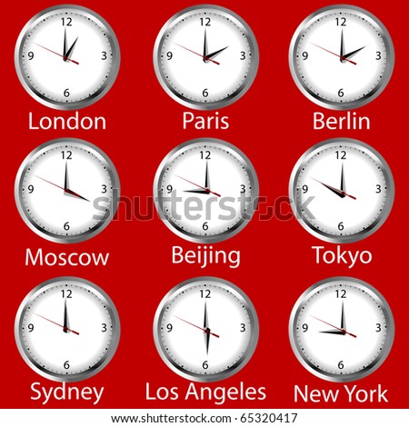 Clocks showing the time around the world. Time zone.