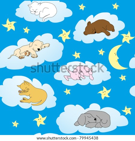 Background with cute doodle animals sleeping on clouds