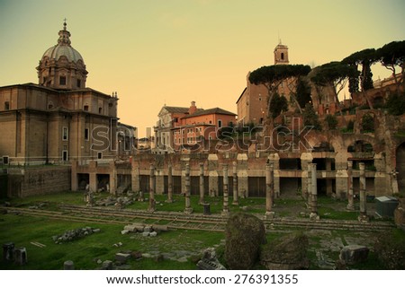 view of Senate House of Julius and  ancient Mamertine Prison in Rome, Italy