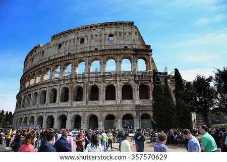 ROME, ITALY - APRIL 08: Many tourists visiting The Colosseum in Rome, Italy. Rome is the capital of Italy and region of Lazio. Italy on April 08, 2015.