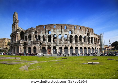 ROME, ITALY - APRIL 08: Many tourists visiting The Colosseum in Rome, Italy. Rome is the capital of Italy and region of Lazio. Italy on April 08, 2015.