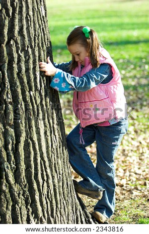 a little pretty girl climbing tree in the park