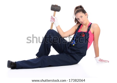 woman with black rubber mallet on white background