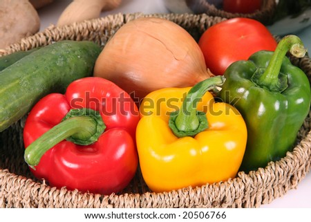 cucumber, onion, tomato and peppers in close up