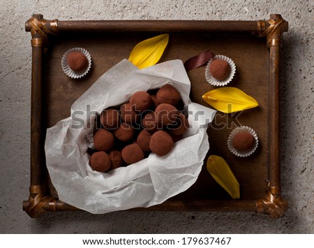 truffles of slightly bitter chocolate with hazelnut center