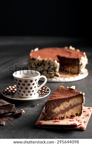Chocolate cake. Vintage dessert tart with chocolate and almonds