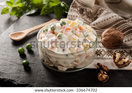 Russian traditional salad with decoration