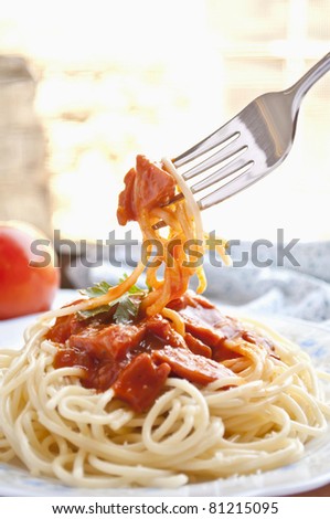spaghetti with tomato sauce and ingredients