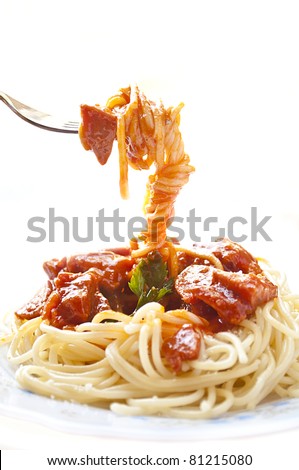 spaghetti with tomato sauce and ingredients