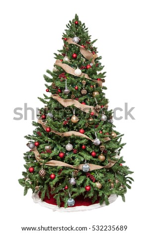 Isolated Christmas tree decorated with ornaments and burlap garland
