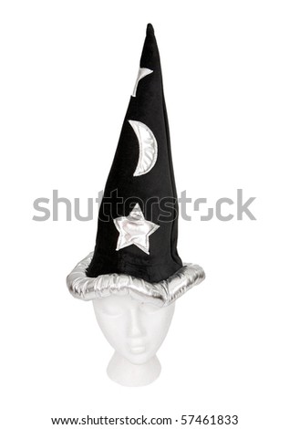 A black wizard hat with silver stars and a moon. Isolated on white.