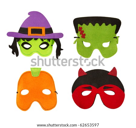 A set of four Halloween felt face masks including a witch, Frankenstein, pumpkin and devil. Isolated on white.