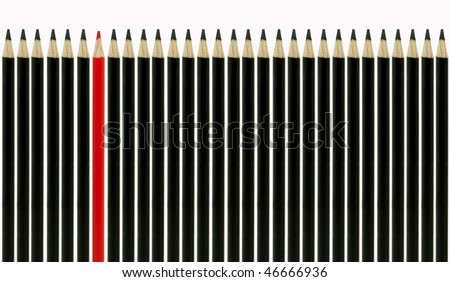 A row of black pencils with one red pencil illustrating uniqueness