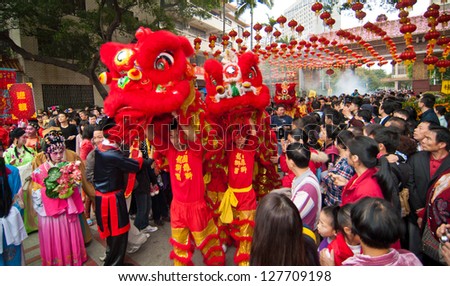 FOSHAN CITY, CHINA - JANUARY 31: Chinese New Year Lion Dance on January 31, 2013 in Foshan, China