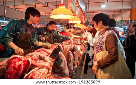 FOSHAN - April 13:The meat market of agricultural products is very rich, Chinese after years of development, has solved the problem of food and clothing of the people April 13, 2013 in Foshan, China