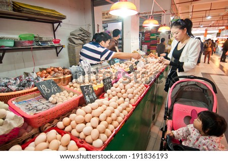 FoshanÃ¢Â?Â?Apr 13:People in the food market to buy fresh food, China pay attention to agricultural production in recent years, the marketof agricultural products is very rich April 13,2013 in Foshan,China