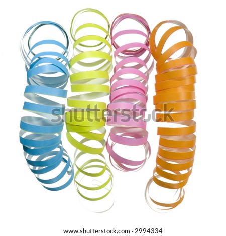 vibrant blue, green, pink and orange curly party ribbons, streamers  (isolated on white)